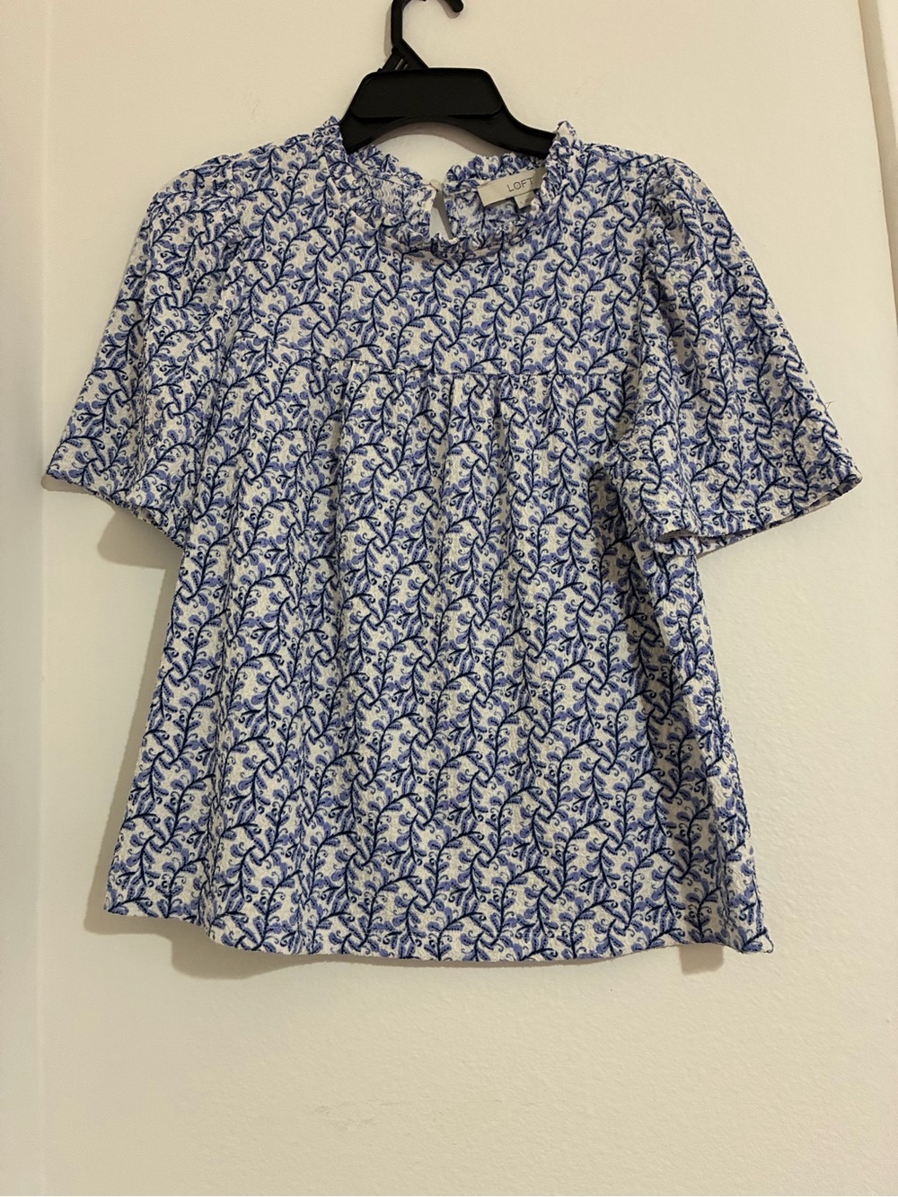LOFT White and Blue Floral Short-Sleeve Top with Ruffle Neck